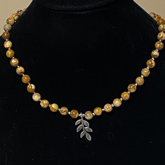 Jasper Stone Silver Leaf Branch Necklace, Genuine Gemstone Beaded Necklace - Picture 2 of 9